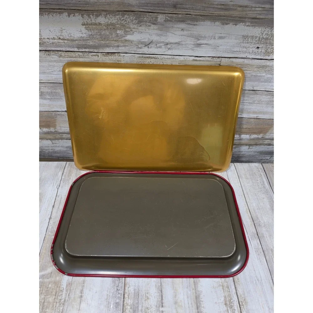Vintage Neocraft Everlast Gold Etched Floral & Red Yellow Rose Metal Trays Set 2